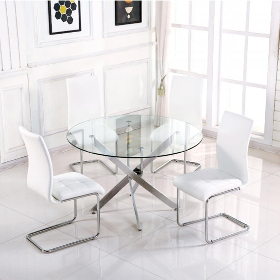 Samurai Small Clear Glass Dining Set With 4 White PU Chairs