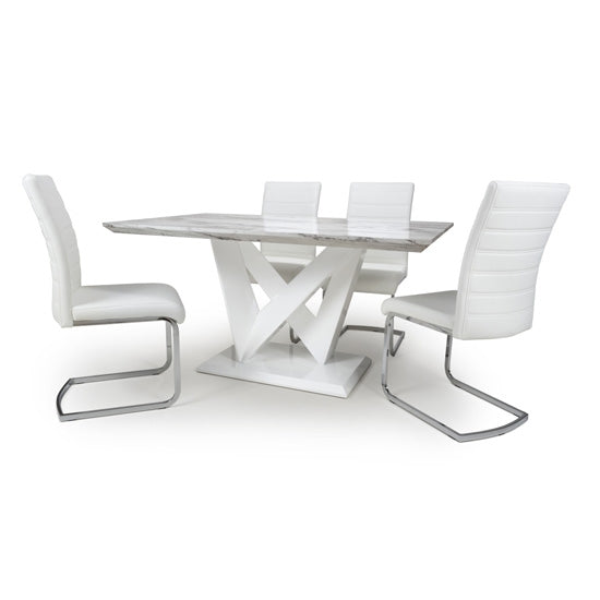 Saturn High Gloss Grey And White Marble Effect Dining Table With 4 Callisto White Leather Chairs