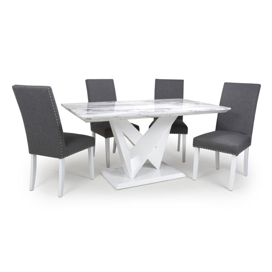 Saturn High Gloss Grey And White Marble Effect Dining Table With 4 Randall Steel Grey Chairs