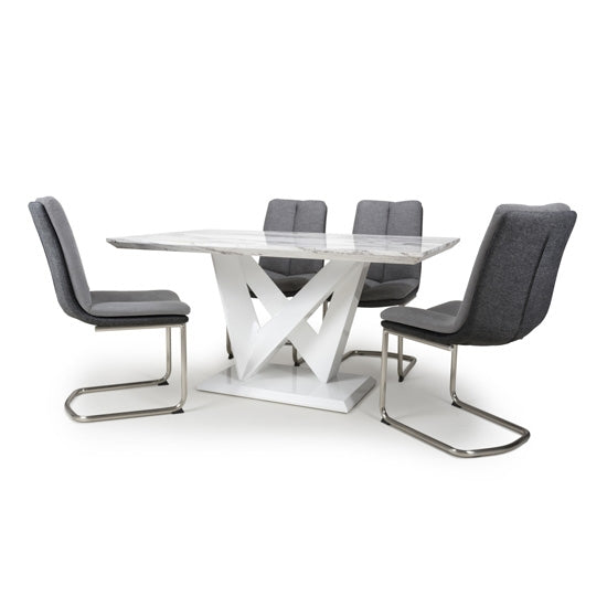 Saturn High Gloss Grey And White Marble Effect Dining Table With 4 Triton Light Grey Chairs