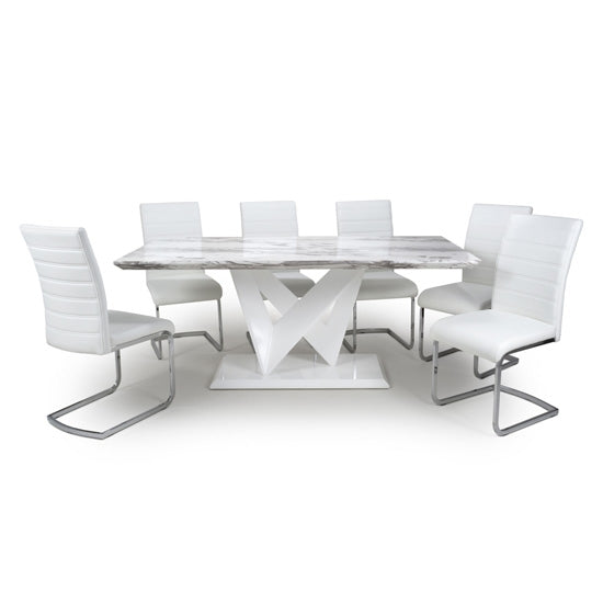 Saturn Large Gloss Grey White Marble Effect Dining Table With 6 Callisto Leather White Dining Chairs