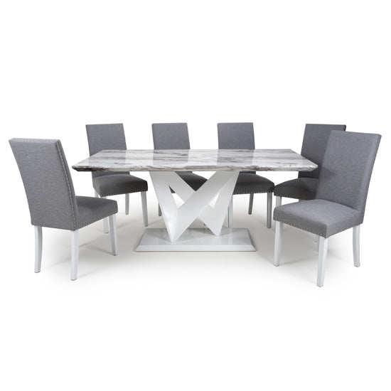 Saturn Large Gloss Grey White Marble Effect Dining Table With 6 Randall Linen Silver Grey Dining Chairs