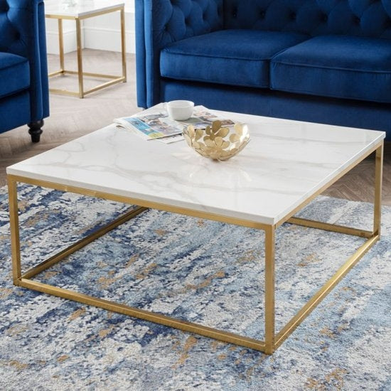 Scala Wooden Lamp Table In White Marble Effect With Gold Frame