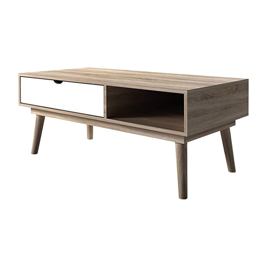 Scandi Oak Wooden Coffee Table With White Drawer