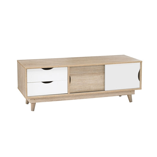 Scandi Wooden TV Stand In White And Oak With 2 Drawers