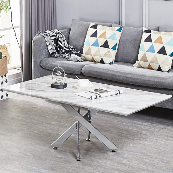 Scimitar Wooden Coffee Table In White Marble Effect With Siiver Legs