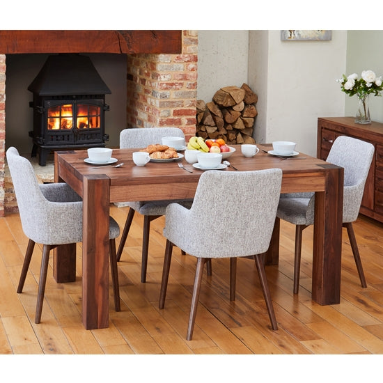 Shiro Medium Wooden Dining Table In Walnut With 4 Vrux Light Grey chairs