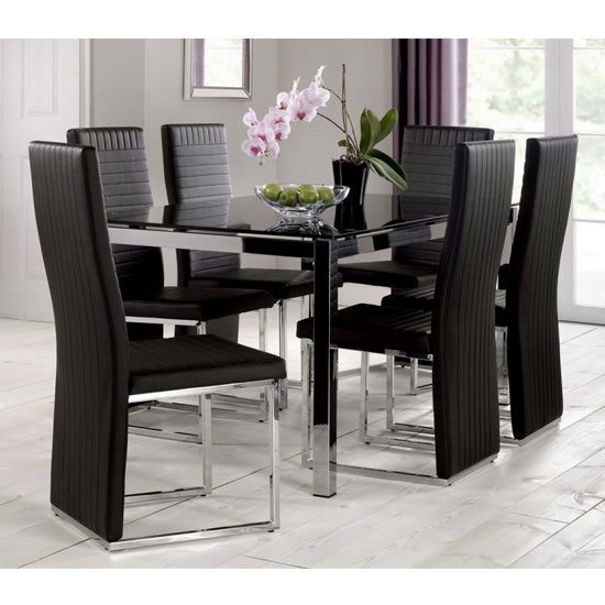 Tempo Black Glass Dining Table With 6 Black Faux Leather Chairs