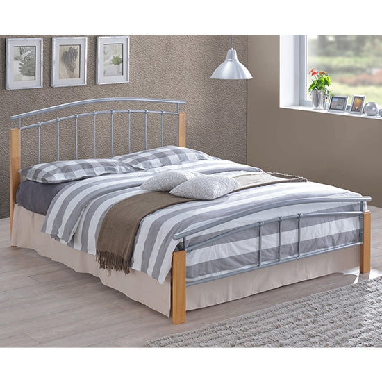 Tetras Metal King Size Bed In Silver And Oak Wooden Frame