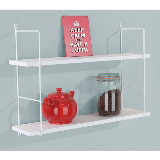 Thames Wooden Double Wall Shelf In White With Wire Uprights