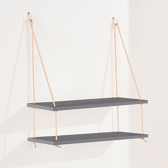 Thames Wooden Rope Wall Double Shelf In Grey