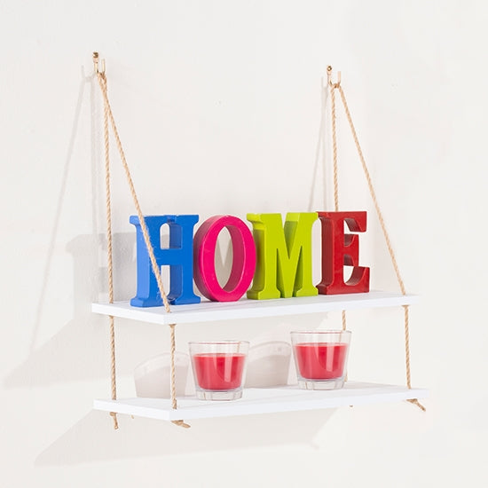 Thames Wooden Rope Wall Double Shelf In White