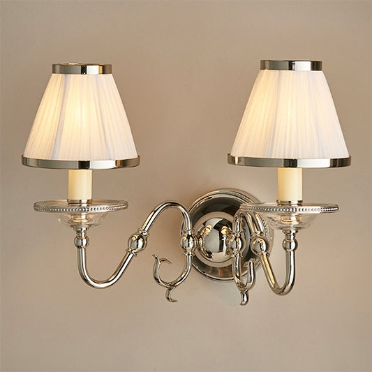 Tilburg White Shades Clear Crystal Twin Wall Light In Polished Nickel