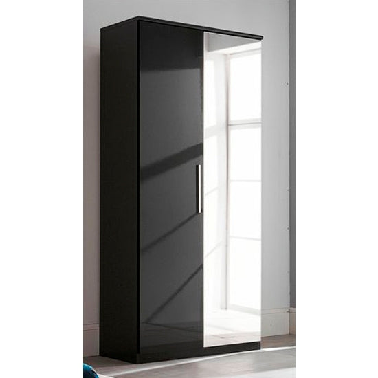 Topline Wooden Wardrobe In Black High Gloss With 2 Doors And Mirror