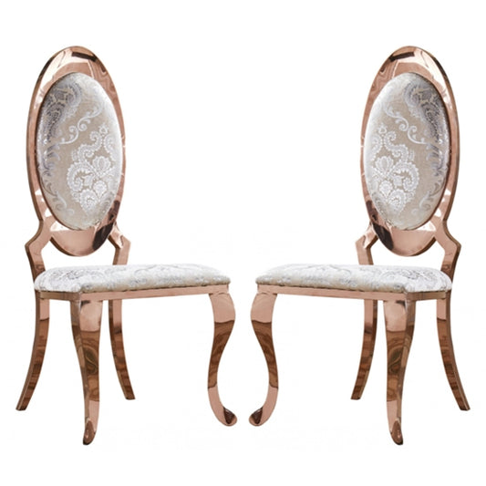 Tuscany White Fabric Dining Chairs In Pair With Rose Gold Legs