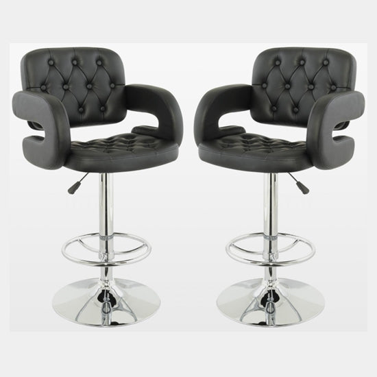 Utah Black Faux Leather Bar Stools With Chrome Metal Base In Pair