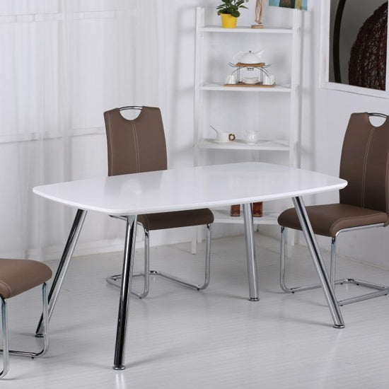 Vera Wooden Dining Table In Light Grey High Gloss And Chrome Legs