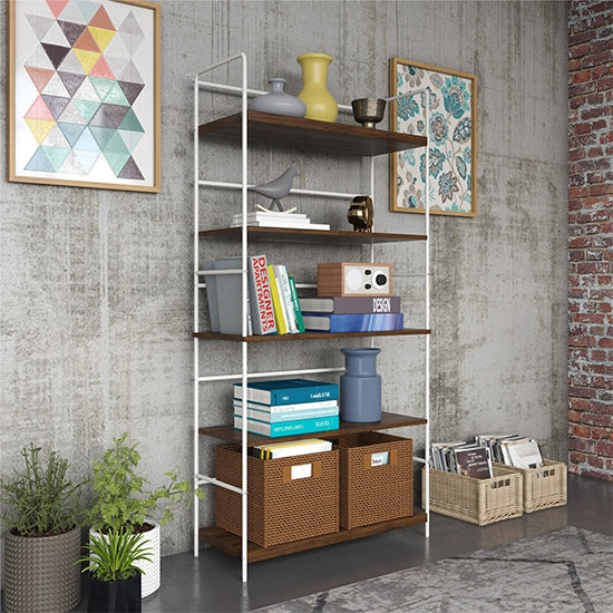 Webster Wooden 5 Shelves Bookcase In Walnut With White Metal Frame