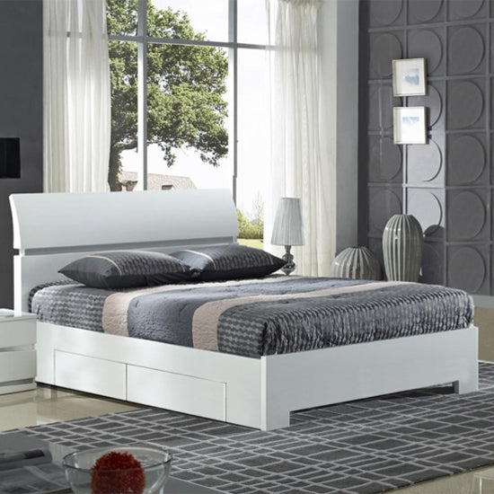 Widney Wooden Storage Double Bed In White High Gloss With 4 Drawers